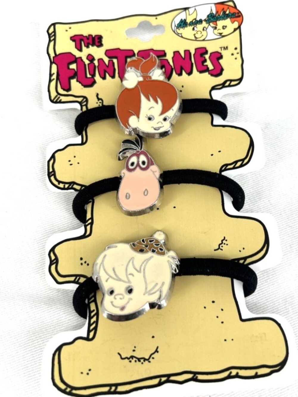 The Flintstones Hair Ties Ponytail Holders Enamel Pebbles Dino Bam Bam NOS